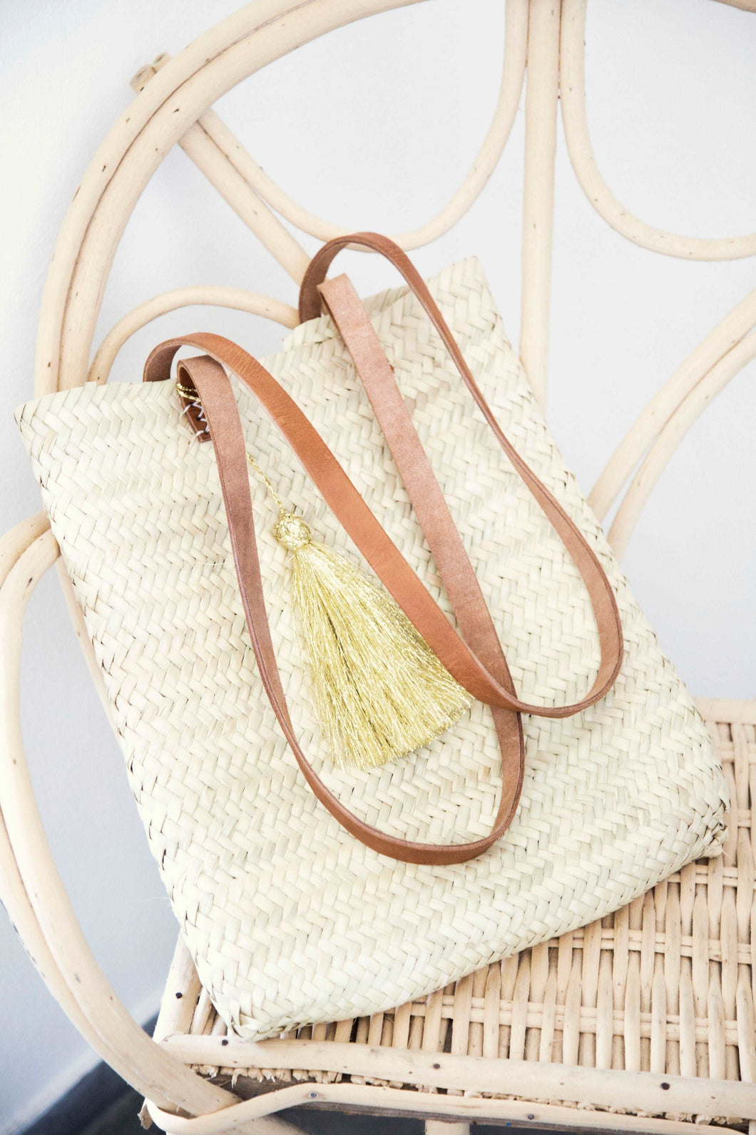 Straw Flat Square Bag with Leather Handle